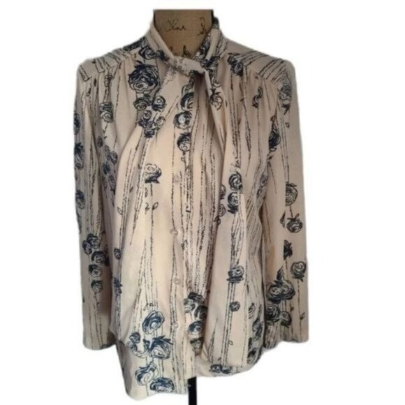Vintage 70s Cream Navy Rose Print Button Shirt - Picture 1 of 13